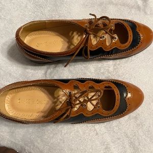 Chase + Chloe Navy and Tan Oxfords